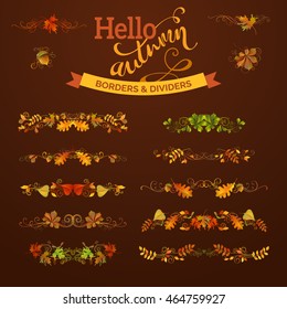 Set of autumn leaves borders, page decorations and dividers. Swirls and flourishes. Vector nature design elements on dark brown background. 