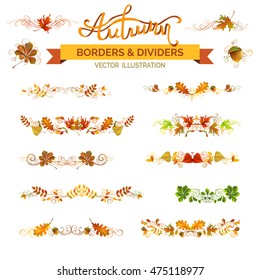 Set of autumn leaves borders, page decorations and dividers. Vector nature design elements isolated on white background. Oak, rowan, maple, chestnut, elm leaves and acorn. Swirls and flourishes.