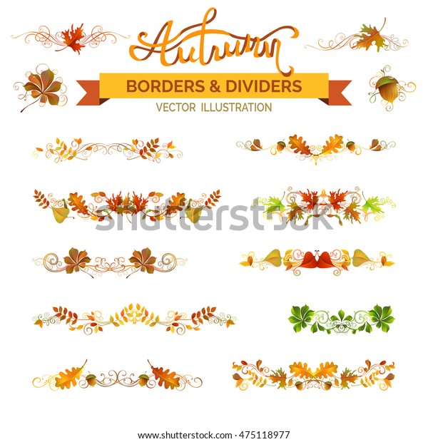 Set of autumn leaves borders, page\
decorations and dividers. Vector nature design elements isolated on\
white background. Oak, rowan, maple, chestnut, elm leaves and\
acorn. Swirls and\
flourishes.