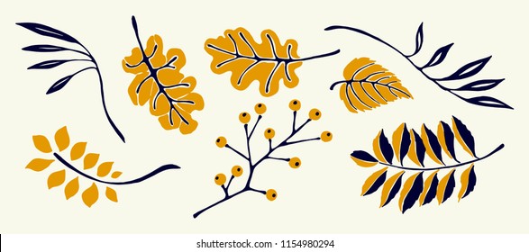 Set of autumn leaves in cartoon style. A cute background. Seasonal banner. September fall. October party. November  sale. Decorative border. Halloween. Maple branch.  Vector illustration.