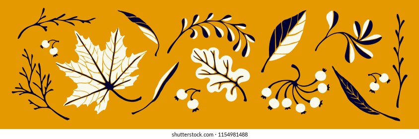 Set of autumn leaves in cartoon style. A cute background. Seasonal banner. September fall. October party. November  sale. Decorative border. Halloween. Maple branch.  Vector illustration.