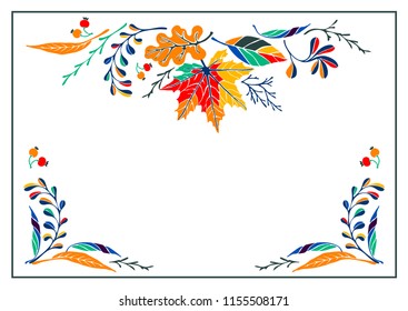 Set of autumn leaves in cartoon style. A cute background. Seasonal banner. September fall. October party. November  sale. Decorative border. Halloween. Maple branch.  Vector illustration.