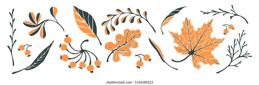 Set of autumn leaves in cartoon style. A cute background. Seasonal banner. September fall. October party. November  sale. Decorative border. Halloween. Maple branch.  Vector illustration.
