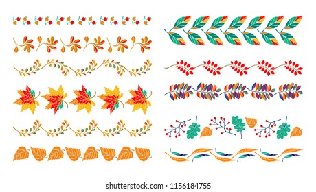 Set of autumn leaves in cartoon style. A cute background. Seasonal banner. September fall. October party. November  sale. Decorative border. Halloween. Maple branch.  Vector illustration.