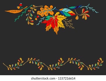 Set of autumn leaves in cartoon style. A cute background. Seasonal banner. September fall. October party. November  sale. Decorative border. Halloween. Maple branch.  Vector illustration.