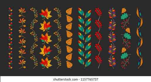 Set of autumn leaves in cartoon style. A cute background. Seasonal banner. September fall. October party. November  sale. Decorative border. Halloween. Maple branch.  Vector illustration.