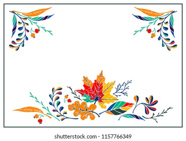 Set of autumn leaves in cartoon style. A cute background. Seasonal banner. September fall. October party. November  sale. Decorative border. Halloween. Maple branch.  Vector illustration.