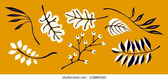 Set of autumn leaves in cartoon style. A cute background. Seasonal banner. September fall. October party. November  sale. Decorative border. Halloween. Maple branch.  Vector illustration.