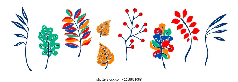 Set of autumn leaves in cartoon style. A cute background. Seasonal banner. September fall. October party. November  sale. Decorative border. Halloween. Maple branch.  Vector illustration.