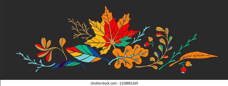 Set of autumn leaves in cartoon style. A cute background. Seasonal banner. September fall. October party. November  sale. Decorative border. Halloween. Maple branch.  Vector illustration.