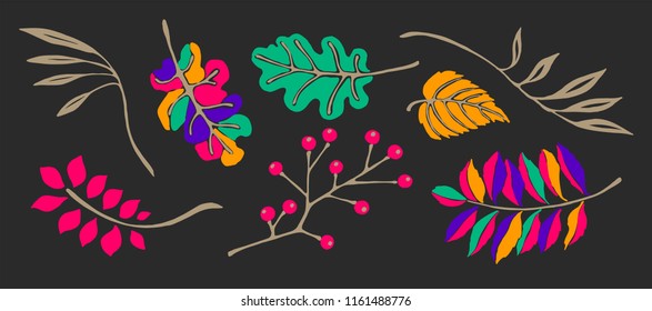 Set of autumn leaves in cartoon style. A cute background. Seasonal banner. September fall. October party. November  sale. Decorative border. Halloween. Maple branch.  Vector illustration.