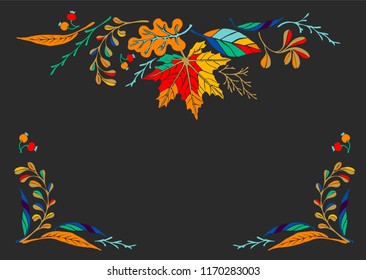 Set of autumn leaves in cartoon style. A cute background. Seasonal banner. September fall. October party. November  sale. Decorative border. Halloween. Maple branch.  Vector illustration.