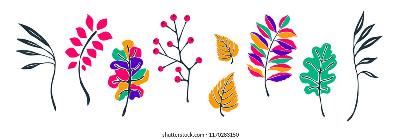 Set of autumn leaves in cartoon style. A cute background. Seasonal banner. September fall. October party. November  sale. Decorative border. Halloween. Maple branch.  Vector illustration.
