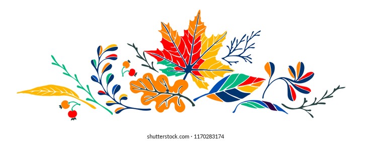 Set of autumn leaves in cartoon style. A cute background. Seasonal banner. September fall. October party. November  sale. Decorative border. Halloween. Maple branch.  Vector illustration.