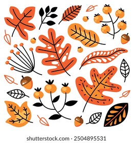 Set of autumn leaves in cartoon style. A cute background. Seasonal banner. September fall. Decorative border. Halloween. Maple branch. Vector illustration.