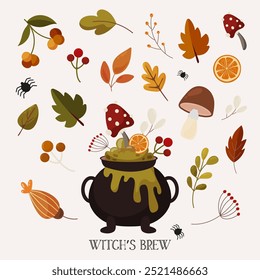 Set of autumn leaves in cartoon style. Ingredients for the witches poison brewery. Vector illustration