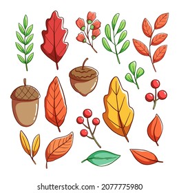 set of autumn leaves with colorful hand drawing style