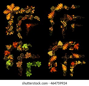 Set of autumn leaves design elements. Vector corners, page decorations and dividers. Swirls and flourishes on black background. 