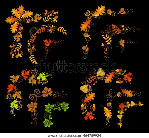 Set of autumn leaves design elements. Vector corners,\
page decorations and dividers. Swirls and flourishes on black\
background. 