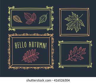 Set of autumn leaves of different tree. Vintage frames are drawn with color chalk on the blackboard. Sketch, design elements. Vector illustration.