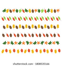 Set of autumn leaves of different trees for decoration. Horizontal banners on a white background. Maple, oak, chestnut, birch. Colorful vector hand drawn illustration