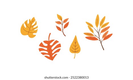 Set of autumn leaves from different trees. Simple, yellow, orange fall leaf set for pattern. Autumn card. Flat vector