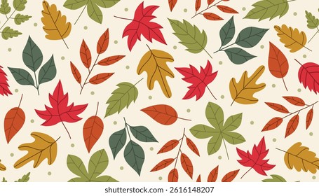 Set of autumn leaves from different trees, oak, maple, chestnut. Simple, yellow, red, orange fall leaf pattern, wrapping paper, banner, Hello autumn card. 