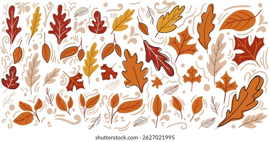 Herbstlaub aus verschiedenen Bäumen, Eiche, Ahorn, Kastanie. Einfaches, gelbes, rotes, orangefarbenes Herbstblatt-Set für Muster, Banner, Aufkleber, Hallo Herbstkarte.