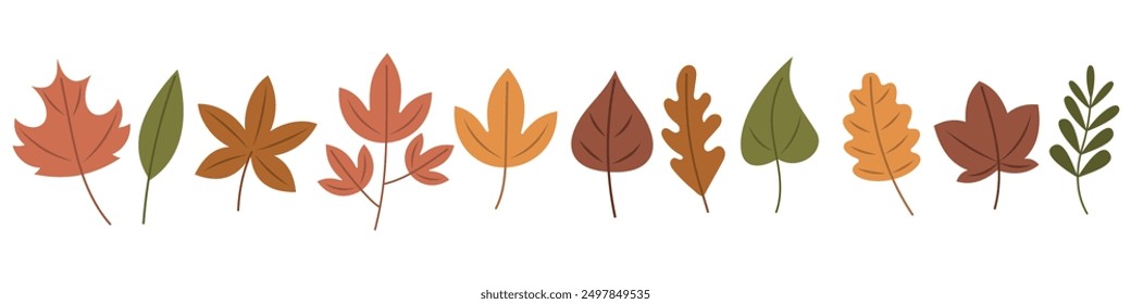 Set of autumn leaves. Drawn cute cosy design elements. Autumn, Thanksgiving, leaf fall, golden season Flat style