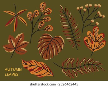 Set of autumn leaves flat vector illustration. Hand drawn fall leaves bundle for wallpaper, background, or element design.