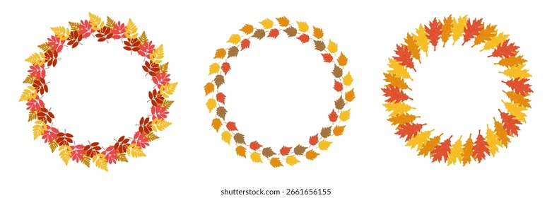 Conjunto de marcos de hojas de otoño. Borde redondo de la hoja de árbol colorido con textura de moda 