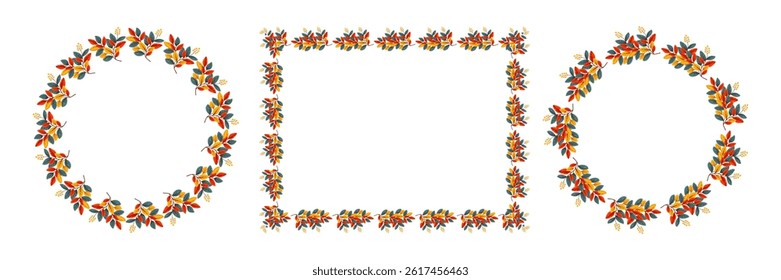 Set of autumn leaves frames, round and square shapes, colorful foliage, vector illustration isolated on white background.