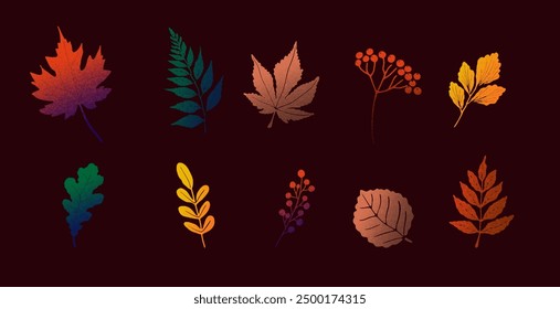 Set of autumn leaves with grainy gradient texture. Collection of halftone leaf