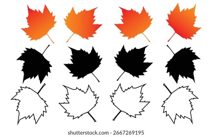 Conjunto de hojas de otoño icono de Ilustración vectorial. Conjunto de hojas de arce icono de Vector. Silueta de Ilustración vectorial de contorno de hojas.