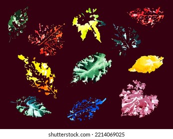Set of autumn leaves. Imprint. Autumn leaf trace. Vestal watercolor. Autumn. October. November. Elements for decor. Orange. Yellow. Autumn set.