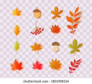 Set Of Autumn Leaves Mushroom Acorn Berries In Paper Cut Style. Vector 3d Collection Forest Plants Oak Maple Chestnut Leaf. Papercut Craft Elements For Thanksgiving Day Poster Design