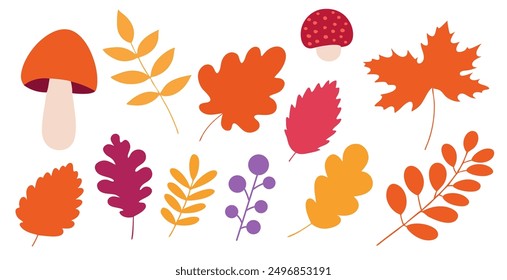 Conjunto de hojas y setas de otoño en tonos cálidos. Hojas de otoño en diferentes Formas y estilos. Listo para impresiones otoñales, artes, arte de Clip, scrapbooking. Ilustración vectorial. Aislado sobre fondo blanco.