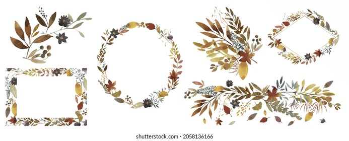 A set of autumn leaves painted with watercolors.