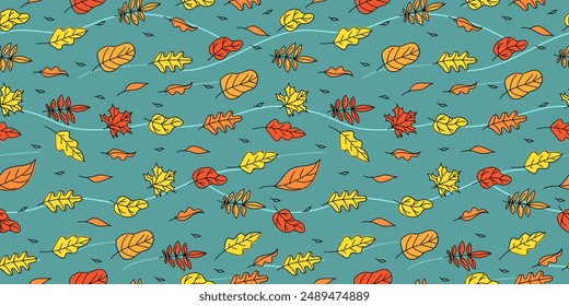 Conjunto de hojas de otoño. Patrón, fondo sin costuras con hojas. Viento otoñal. Las hojas vuelan. Dibujos, garabatos. Decoración de Fondo de pantalla.