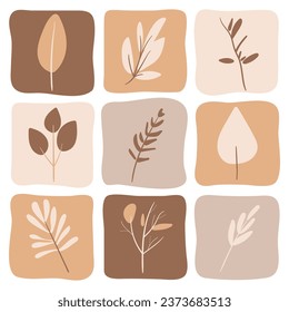 A set of autumn leaves placed on uneven square plates. Simple cartoon flat style. Vector illustration. Design of stickers, logos, web and mobile applications.