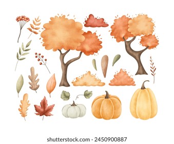 Set of Autumn Leaves, Pumpkin, Tree and Plants