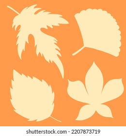 Conjunto de hojas de otoño de silueta. Ilustración vectorial de la silueta de hojas de arce y ginkgo sobre fondo naranja claro. Adecuado para el diseño de tarjetas de felicitación de Acción de Gracias.