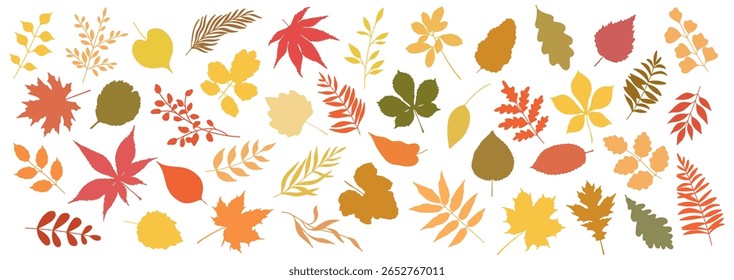Set of autumn leaves silhouettes, fallen leaves hand drawn. Vector flat illustration