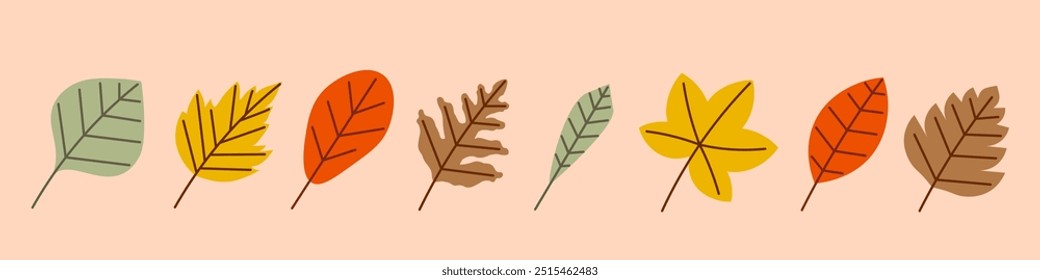 Herbstlaub. Einfache Blätter in handgezeichnetem Stil.Foliage Elemente für Gemütlichkeit und Dekoration.  Niedliche Sammlung von gefallenen Blättern. Vektorgrafik
