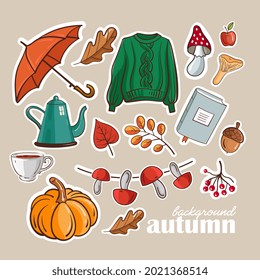 Set of autumn leaves stickers and items. Vector illustration.