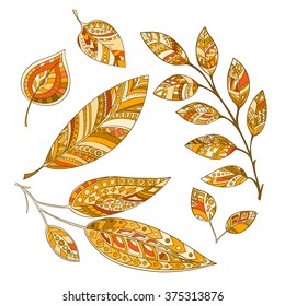 Set of autumn leaves in the style of zentangle. Vector graphics.Hand drawn.