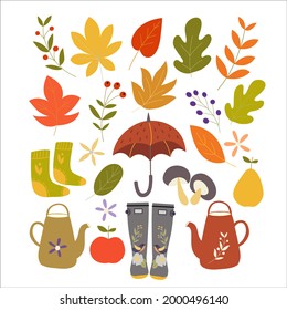 Set of autumn leaves, warm socks, rubber boots, teapots and fruits. Vector graphics on a white background. For the design of covers, posters, postcards.