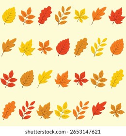 Set of autumn leaves in yellow, red, orange and brown colours. Fall season vector illustration.