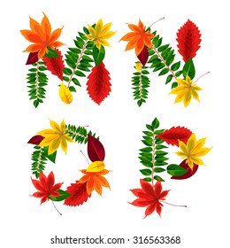 Set of autumn letters composed of beautiful red, yellow, green and orange leaves. Autumn alphabet. M, N, O, P. Set autumn letters. Letters from the leaves.