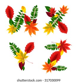 Set of autumn letters composed of beautiful red, yellow, green and orange leaves. Autumn alphabet. W, X, Y, Z. Set autumn letters. Letters from the leaves.
